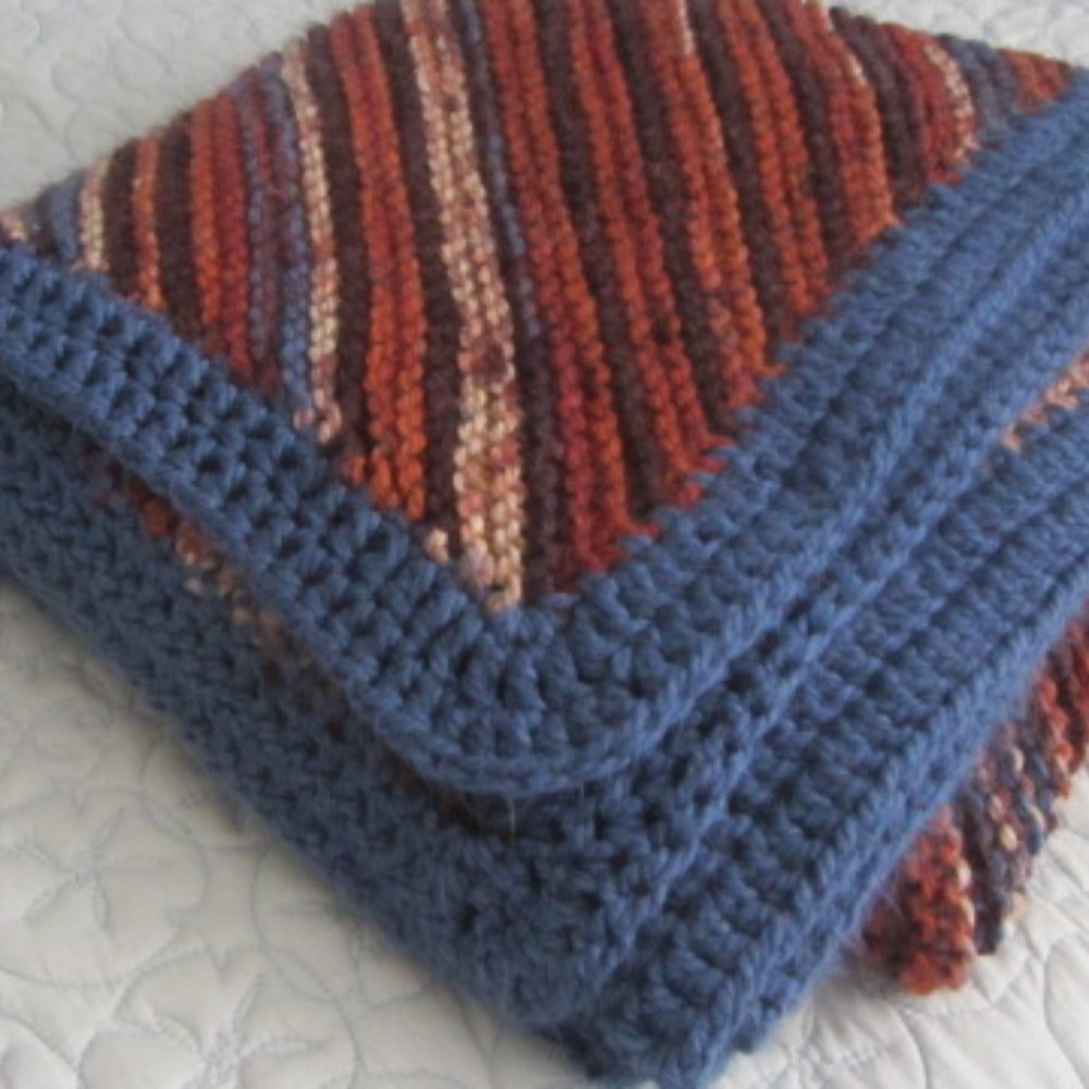 Handmade knitted blanket, shades of rust, cream, brown, smoky blue washable
